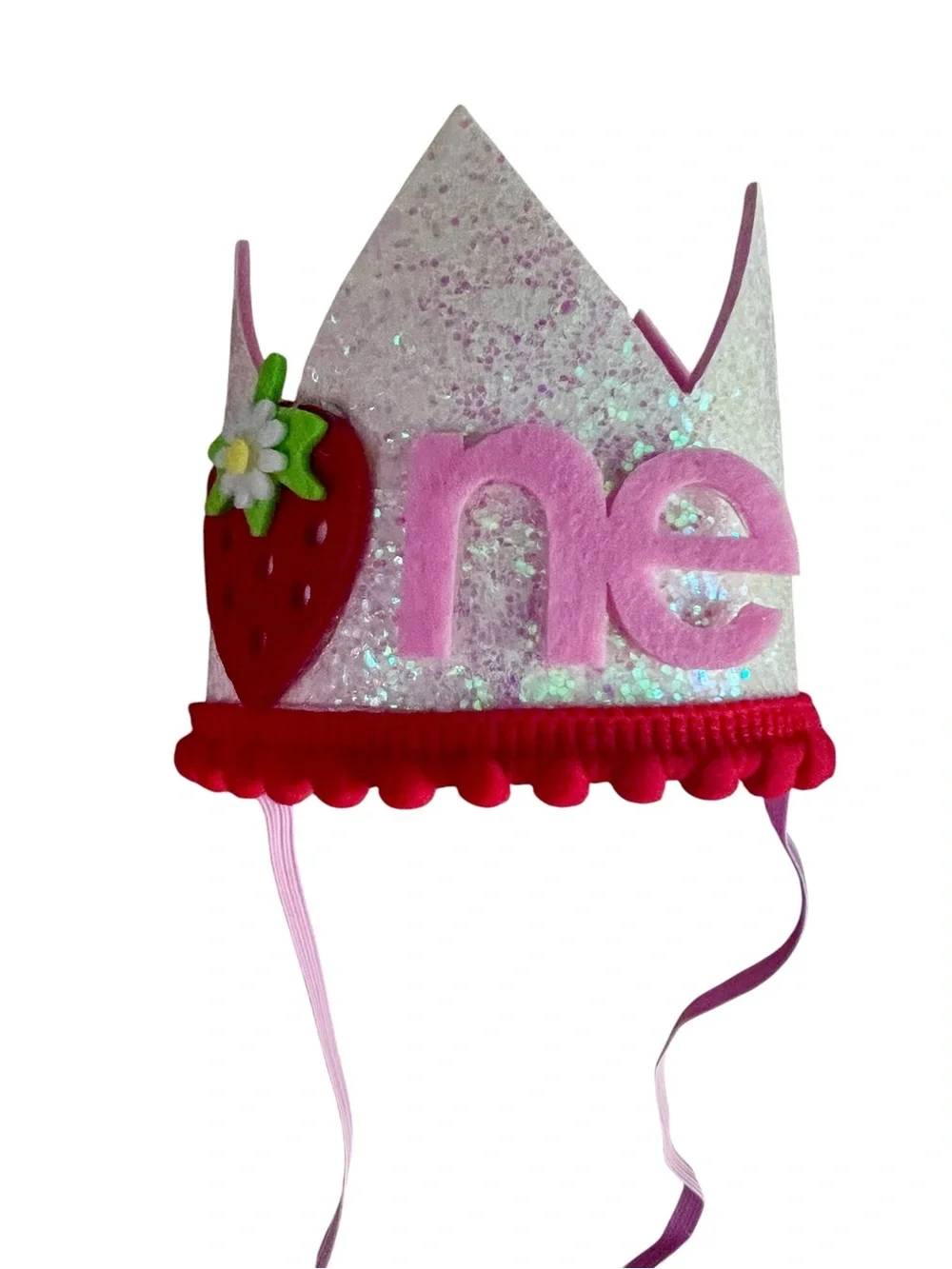 Pink and White Sparkle Strawberry 1st Birthday Crown